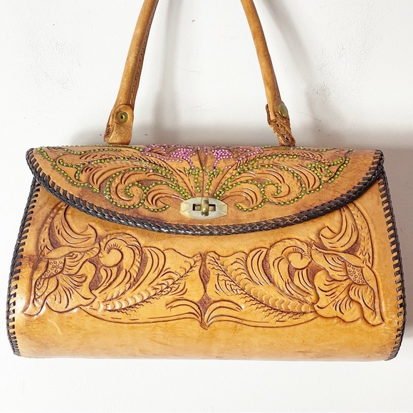 Vintage Brown Tooled Leather Purse Rhinestones Metal Clasp - Picture 2 of 16